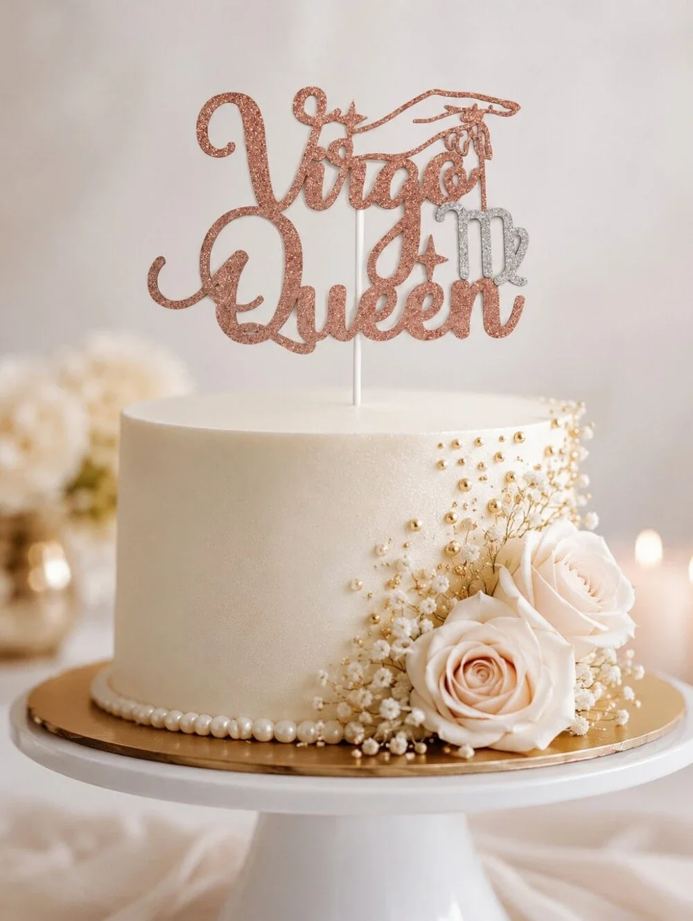 Virgo Queen Cake Topper Rose Gold & Silver Glitter Zodiac Birthday Party Decor